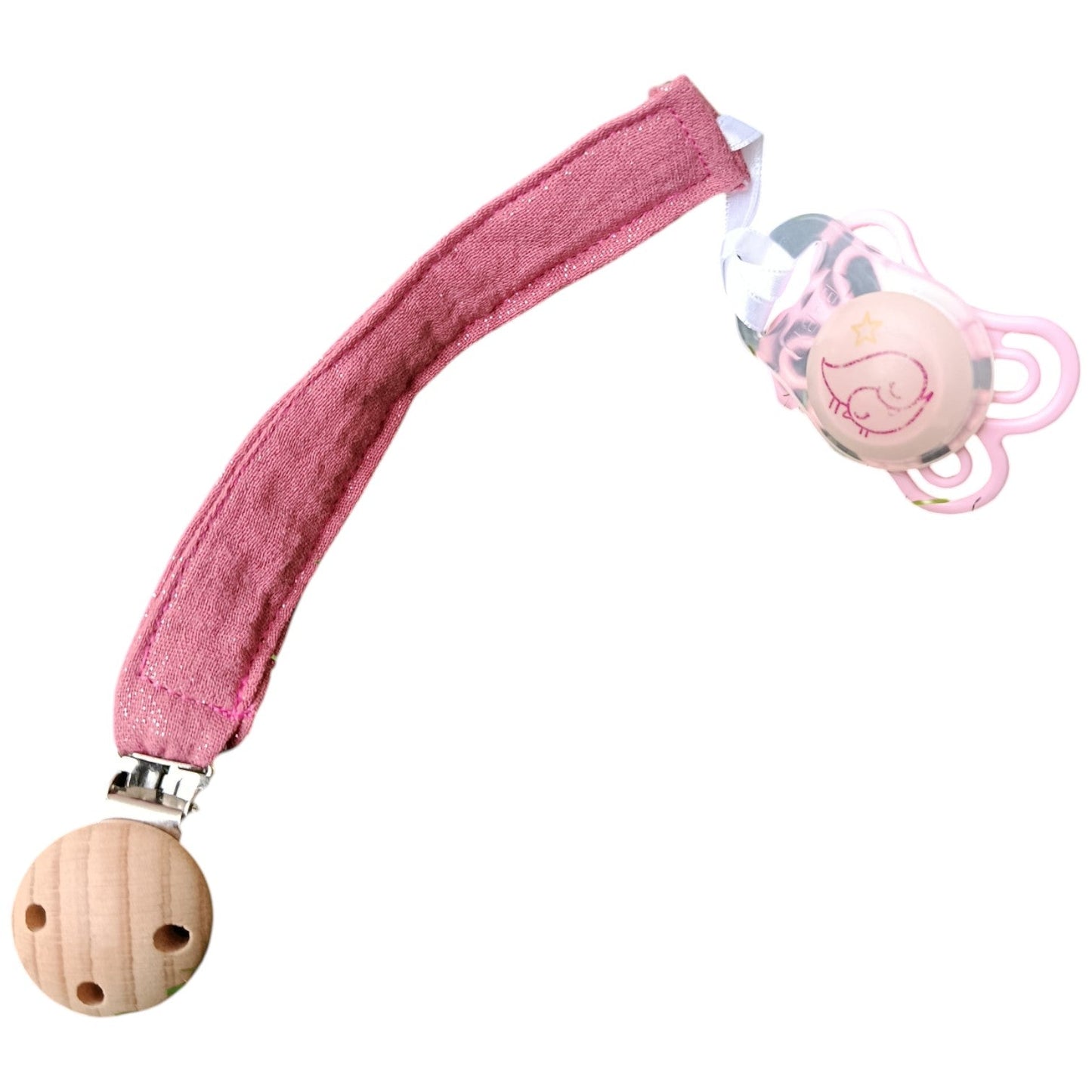 Attache tétine personnalisable rose paillettes Les p'tites cousettes d'Ophélie