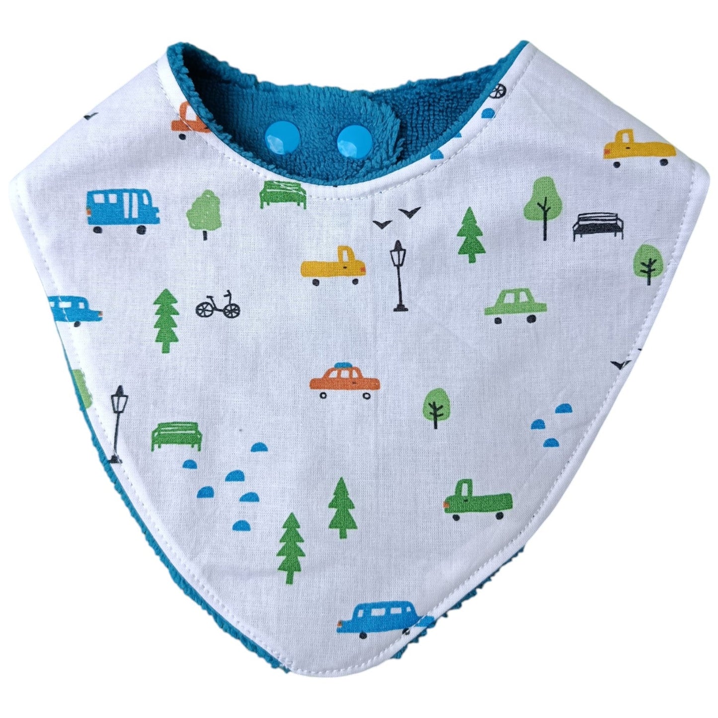 Bavoir bébé personnalisable voiture bleu vert rouge Les p'tites cousettes d'Ophélie
