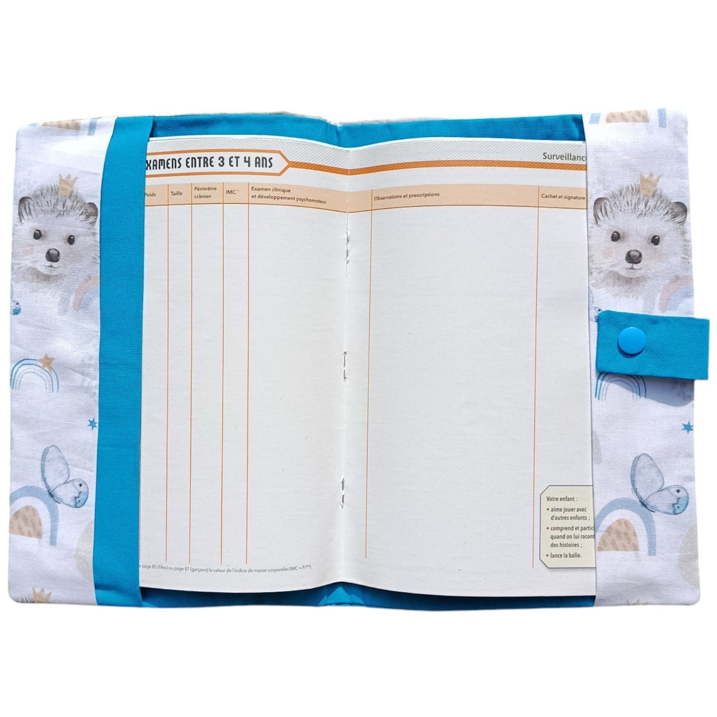 Protège carnet de santé personnalisable Herisson arc-en-ciel bleu Les p'tites cousettes d'Ophélie