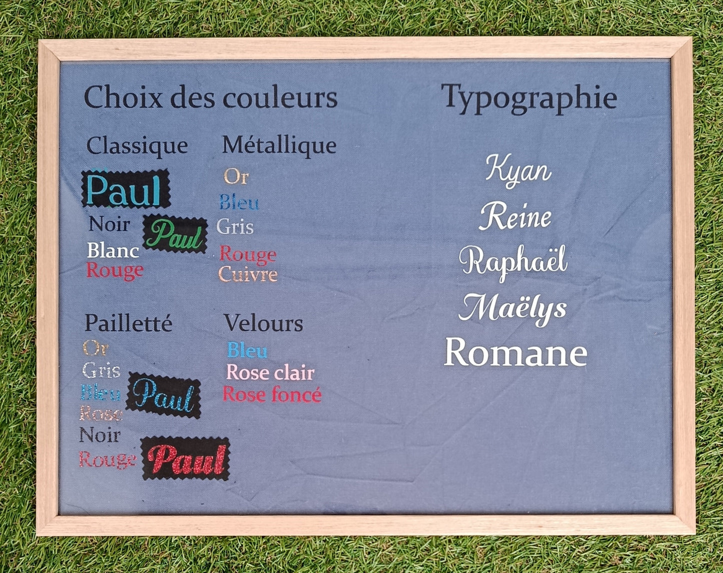 Tableau de personnalisation
Choix de la couleur
Choix de la typographie