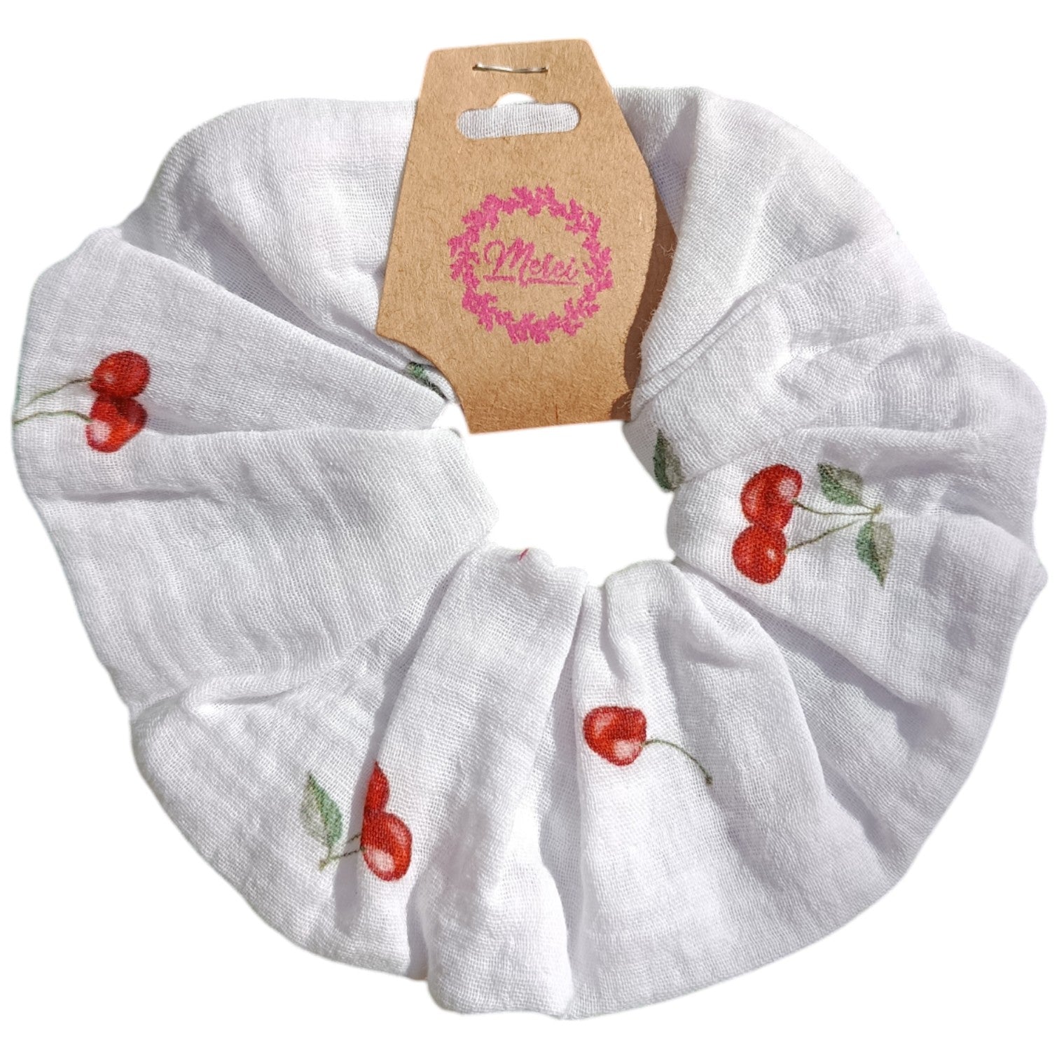 Chouchou gaze de coton cerise blanc Les p'tites cousettes d'Ophélie