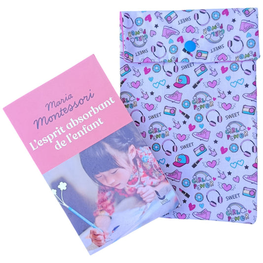 Pochette à livre en tissu girly rose bleu Les p'tites cousettes d'Ophélie