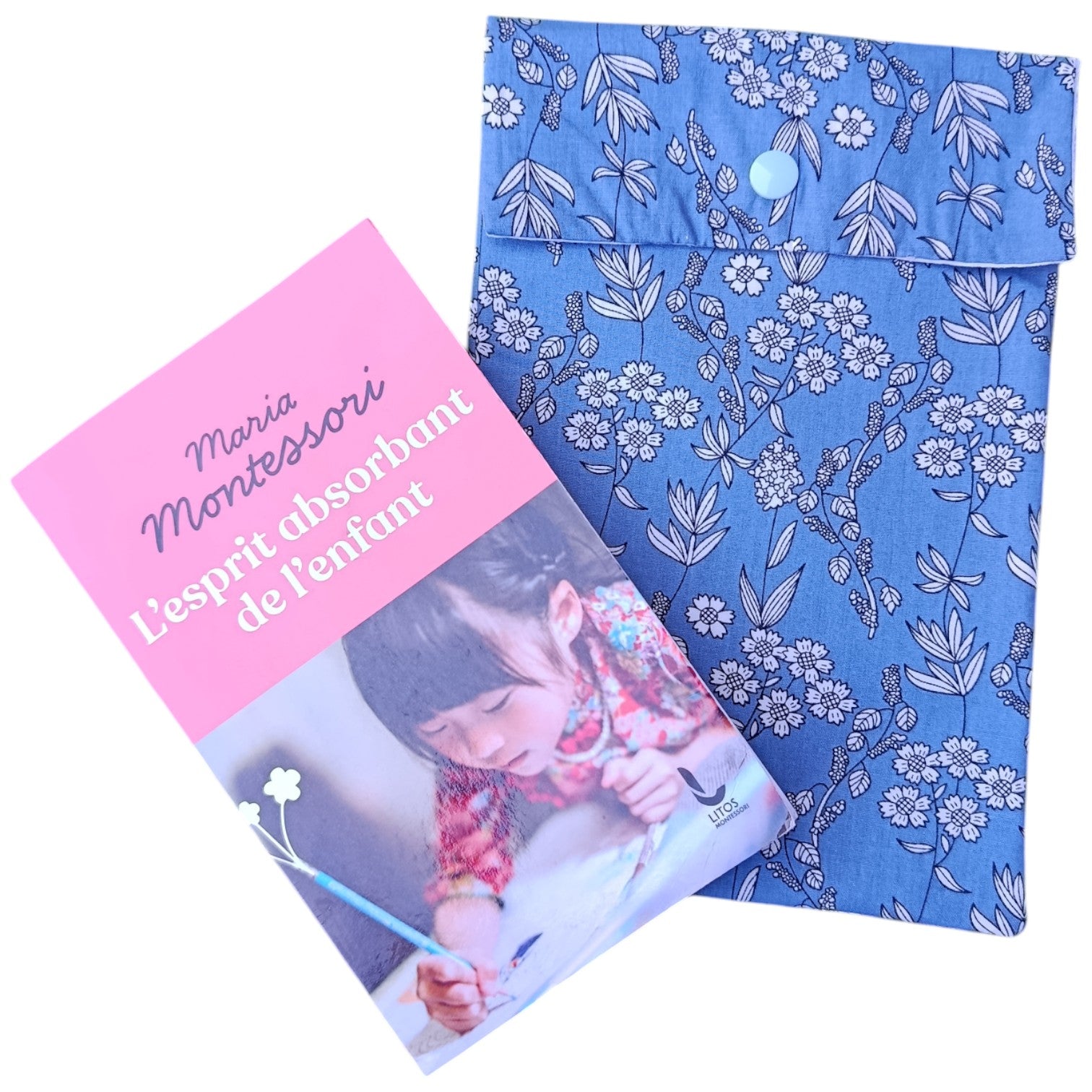 Pochette à livre en tissu fleur blanche bleu Les p'tites cousettes d'Ophélie