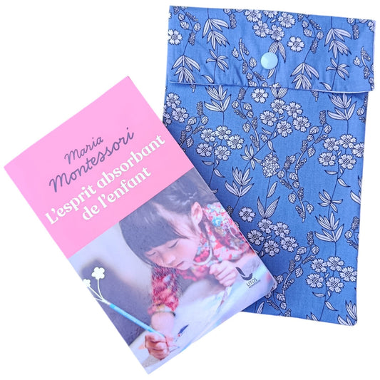 Pochette à livre en tissu fleur blanche bleu Les p'tites cousettes d'Ophélie