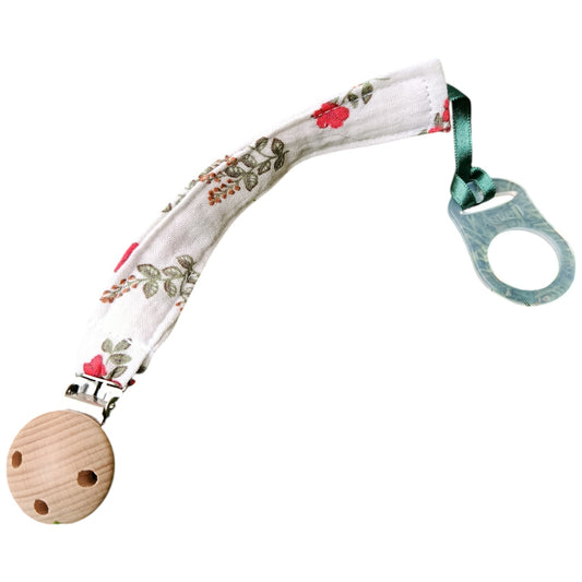 Attache tétine beige fleurs rouge