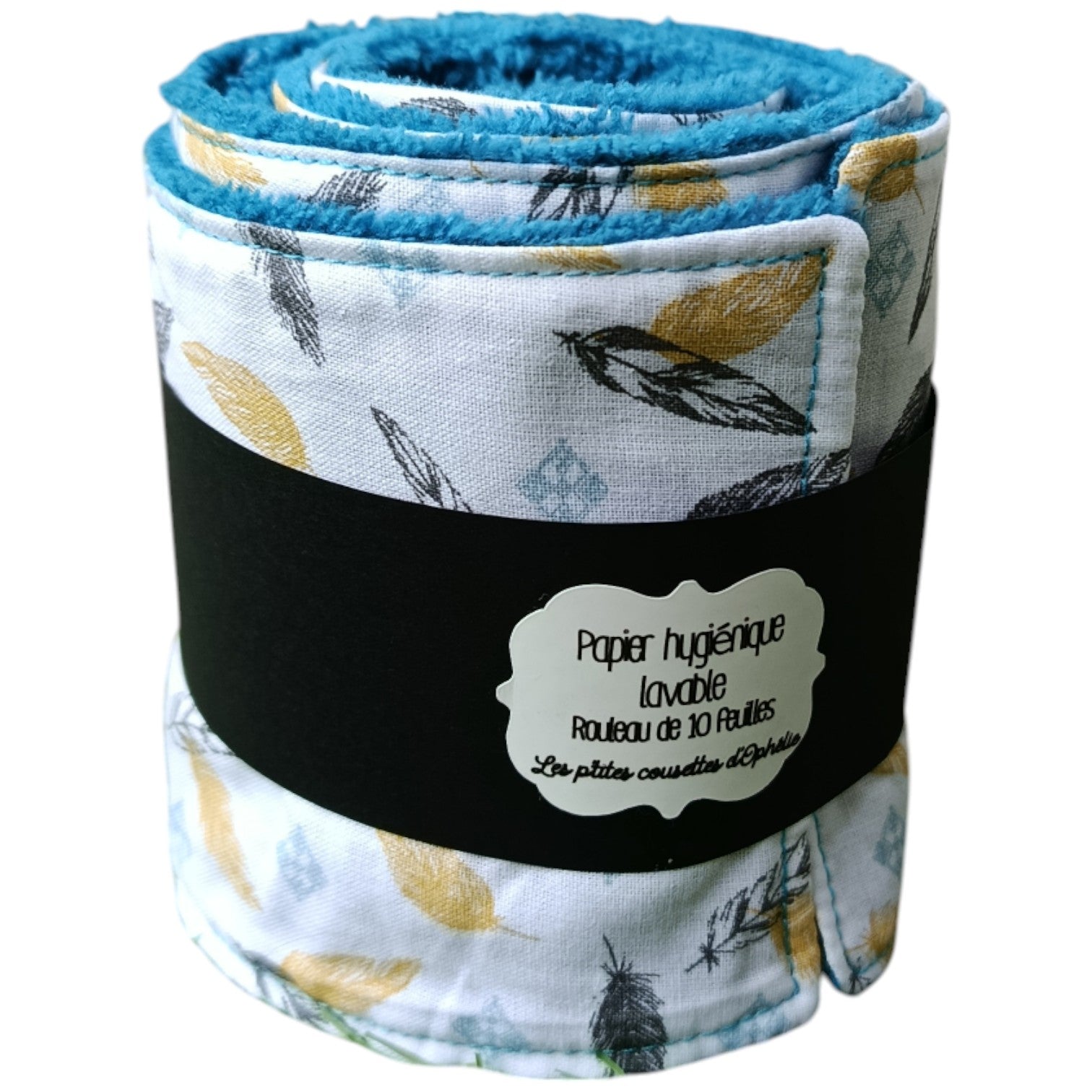 Papier toilette lavable et réutilisable plumes jaune bleu Les p'tites cousettes d'Ophélie