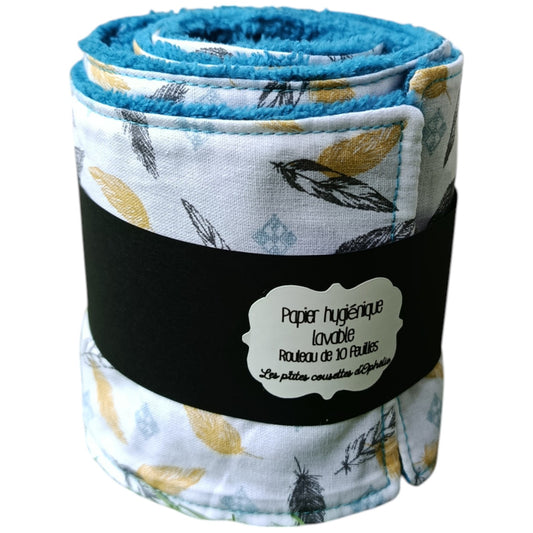 Papier toilette lavable et réutilisable plumes jaune bleu