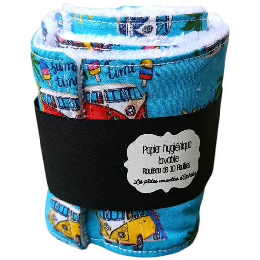 Papier toilette lavable et réutilisable van bleu jaune rouge