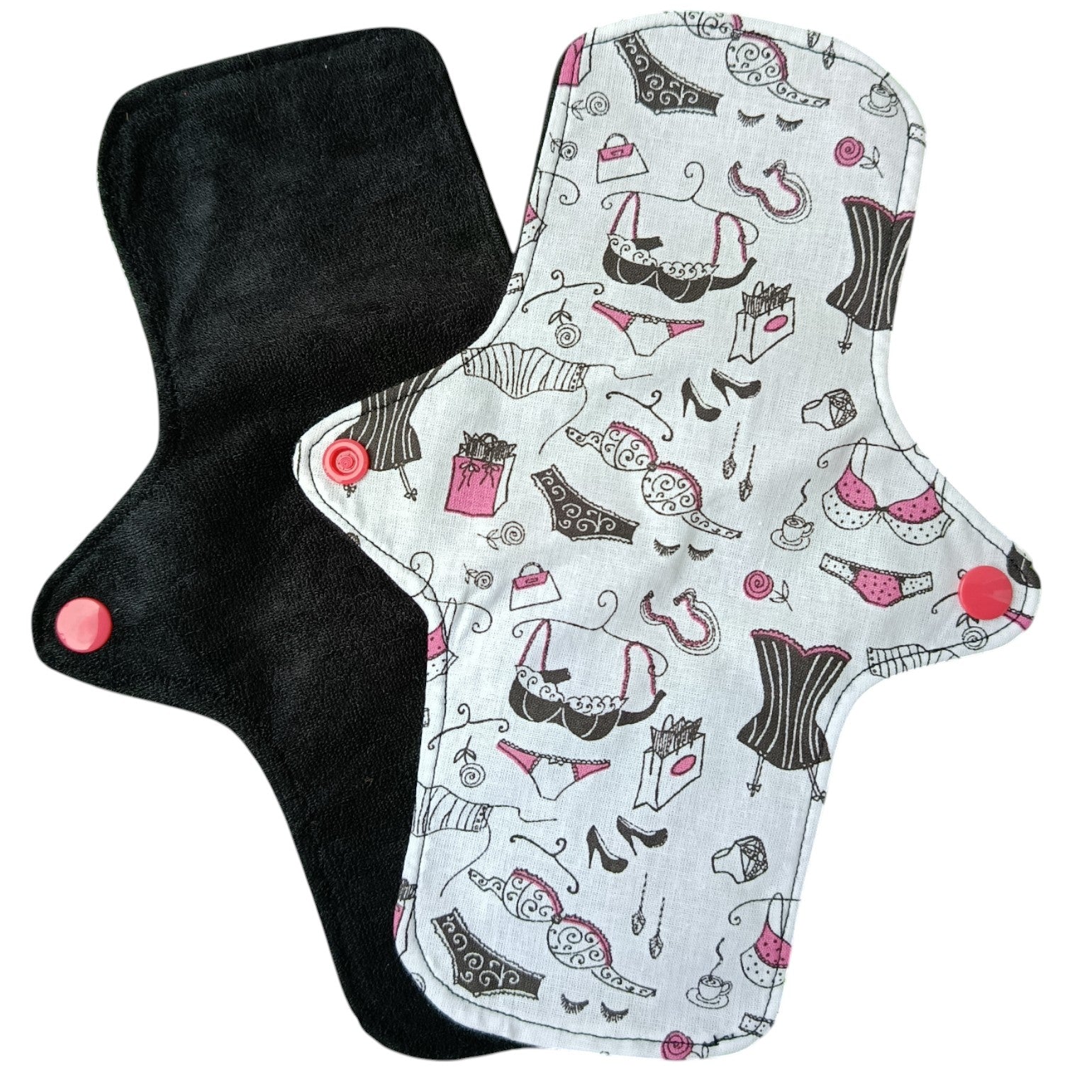 Serviette hygiénique lavable réutilisable lingerie rose et noir Les p'tites cousettes d'Ophélie