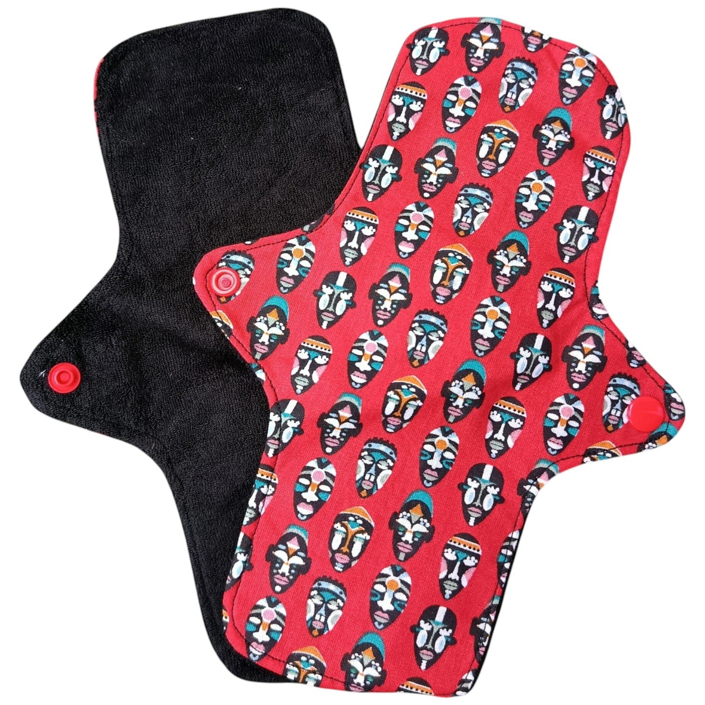 Serviette hygiénique lavable réutilisable masques rouge et noir Les p'tites cousettes d'Ophélie