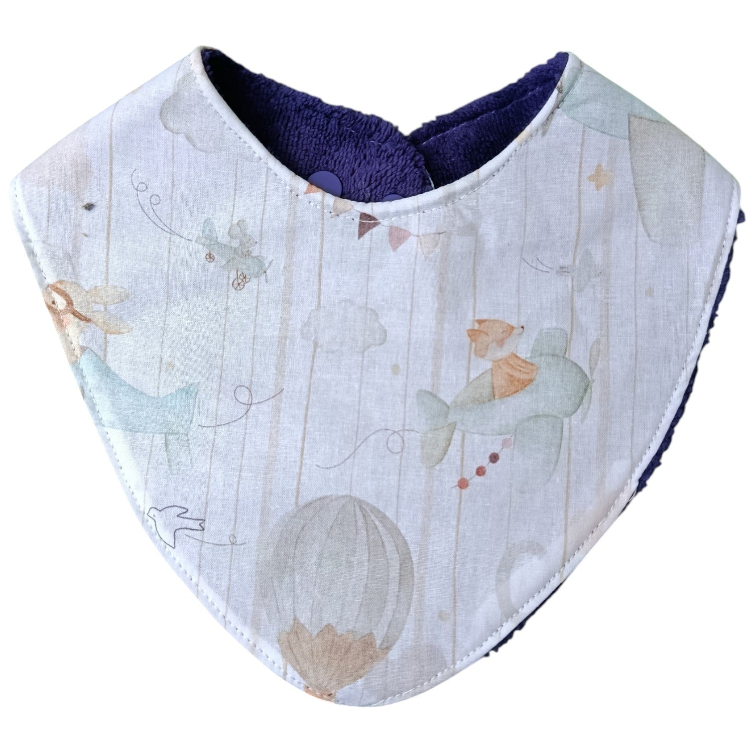 Bavoir bébé personnalisable renard avion montgolfière violet Les p'tites cousettes d'Ophélie