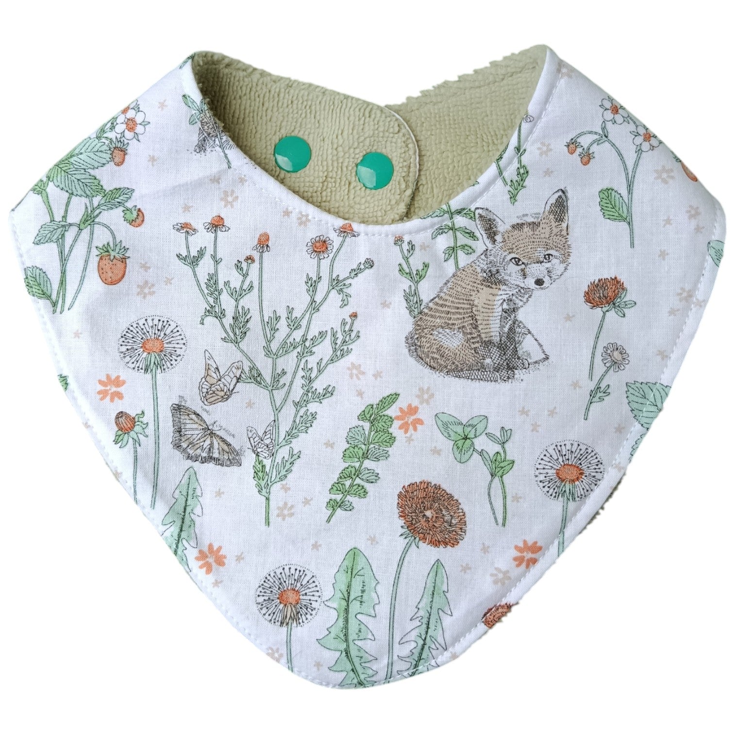 Bavoir bébé personnalisable renard fleur vert Les p'tites cousettes d'Ophélie