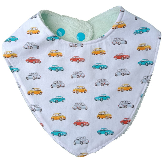 Bavoir bébé personnalisable voiture bleu vert rouge jaune Les p'tites cousettes d'Ophélie