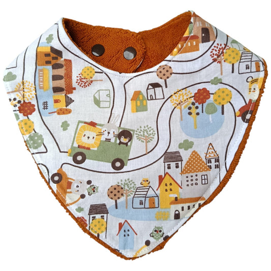 Bavoir bébé personnalisable village animaux école marron Les p'tites cousettes d'Ophélie