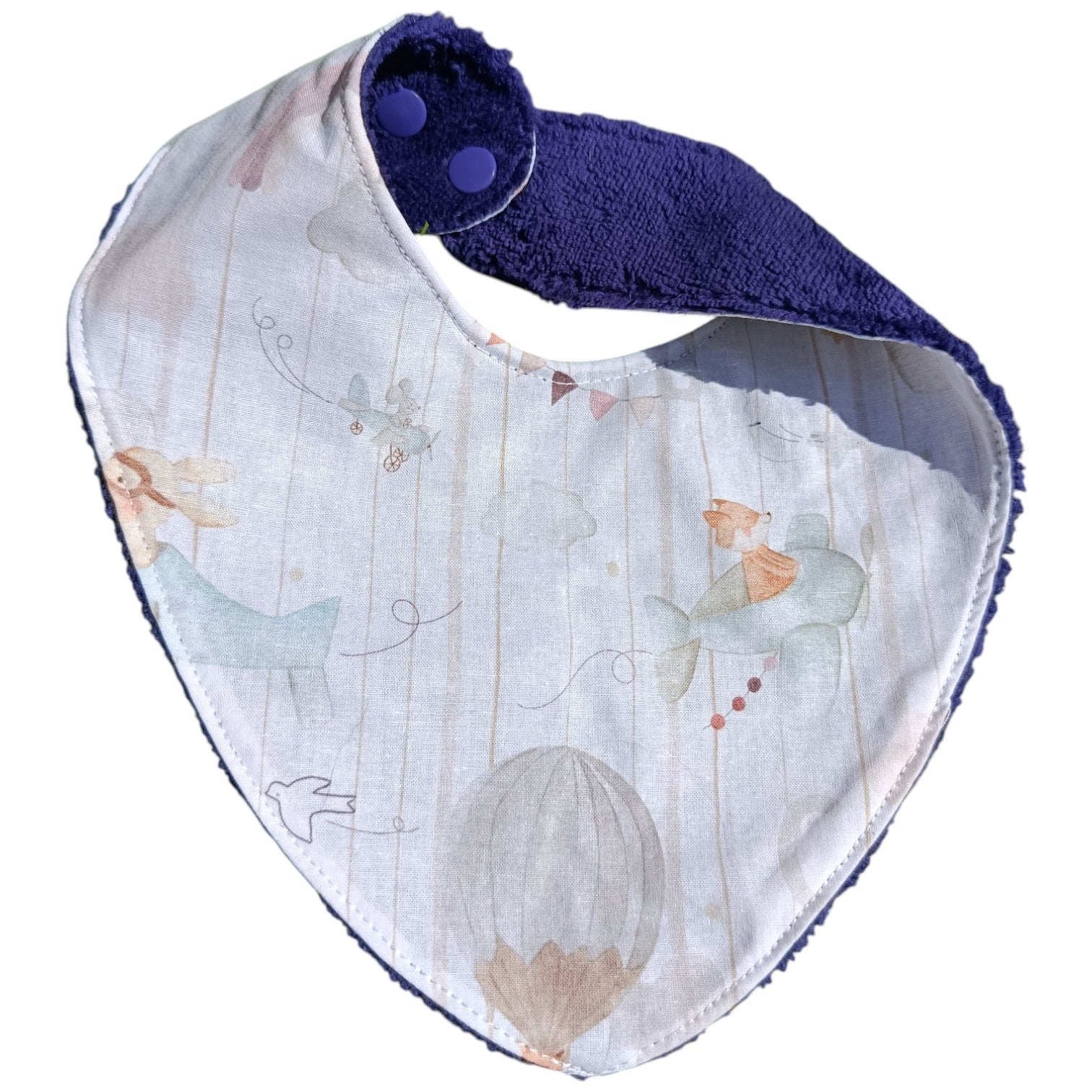 Bavoir bébé personnalisable renard avion montgolfière violet Les p'tites cousettes d'Ophélie
