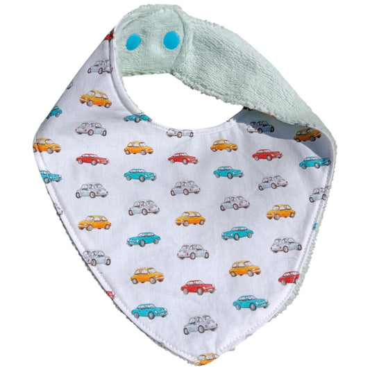 Bavoir bébé personnalisable voiture bleu vert rouge jaune Les p'tites cousettes d'Ophélie