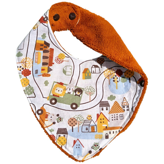 Bavoir bébé personnalisable village animaux école marron Les p'tites cousettes d'Ophélie