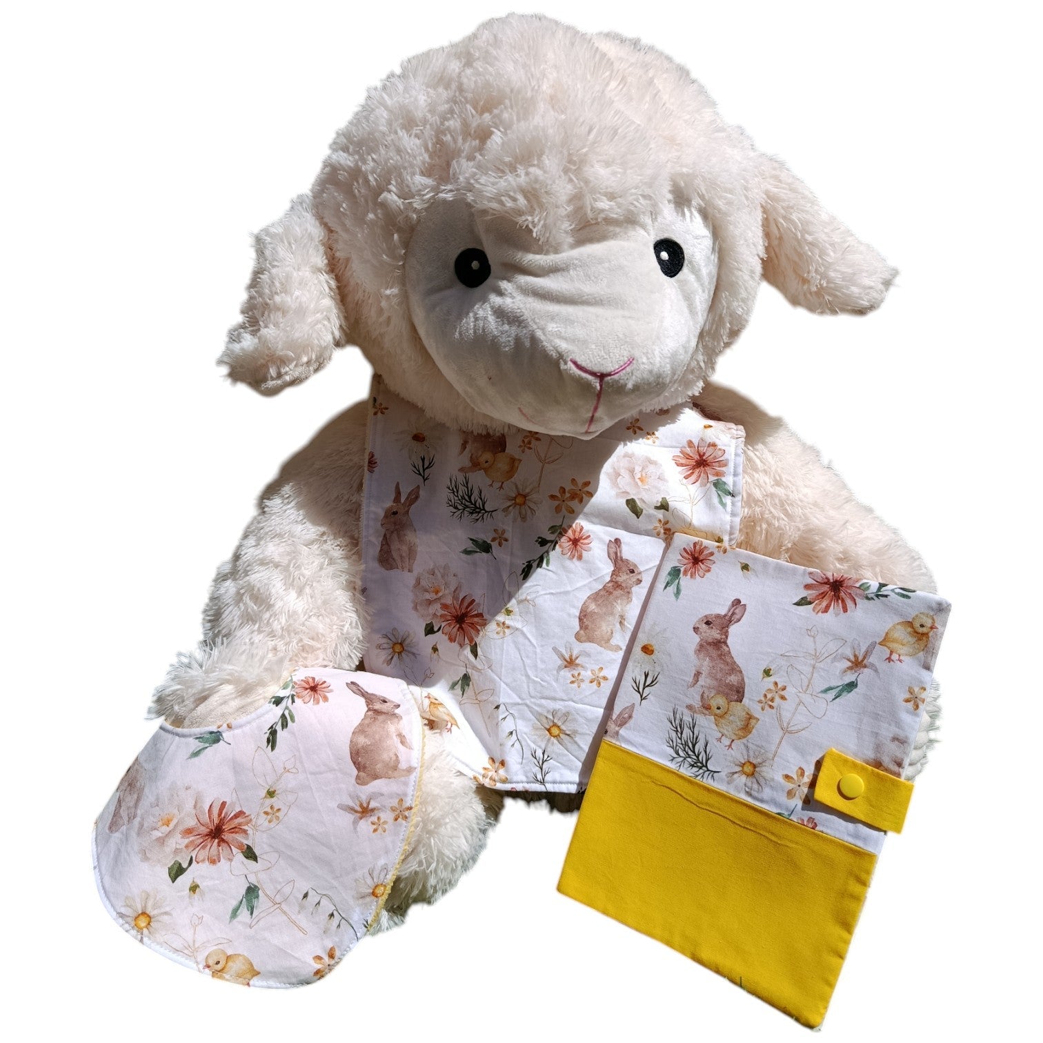 Bavoir maternelle personnalisable lapin poussin jaune Les p'tites cousettes d'Ophélie