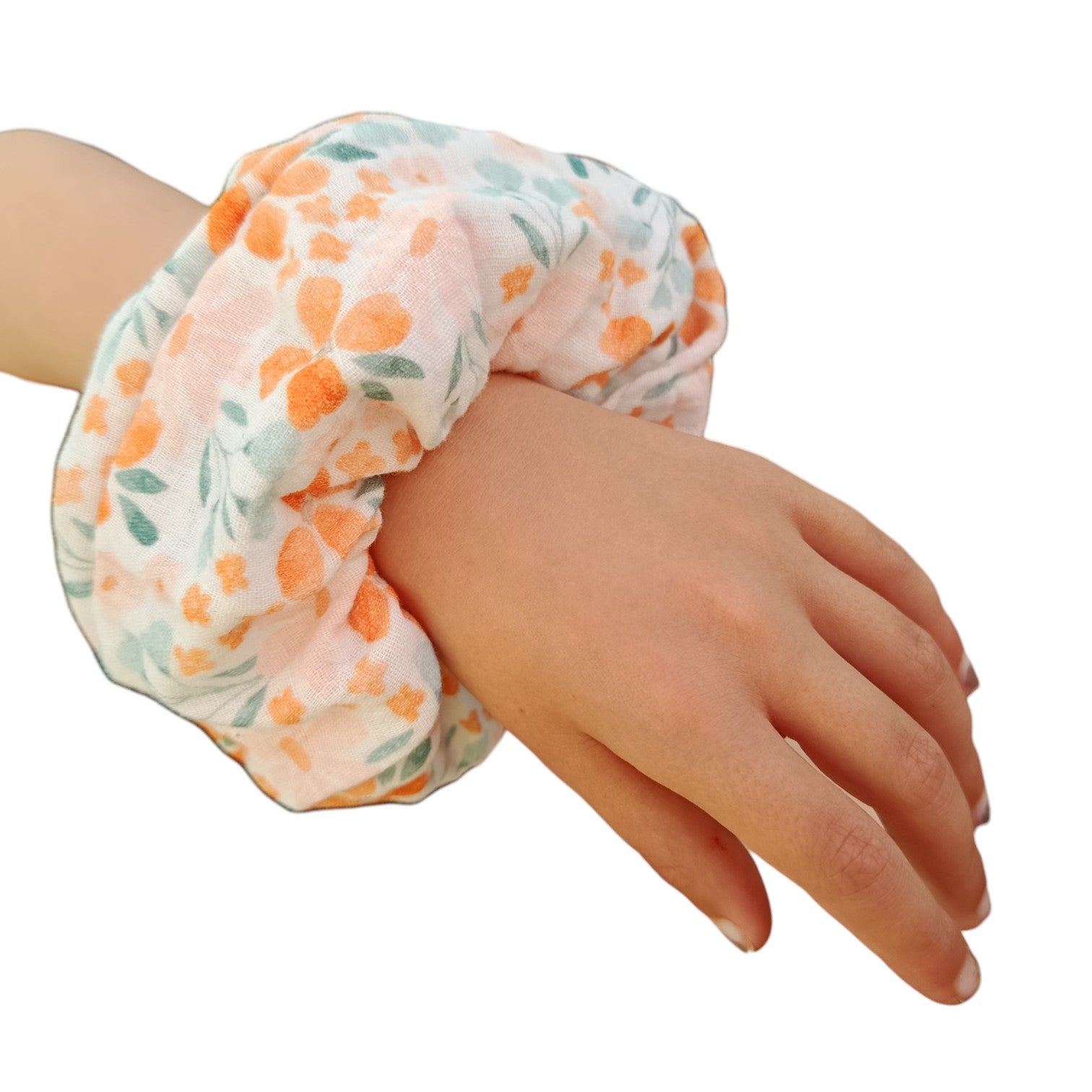 Chouchou gaze de coton blanc bleu orange Les p'tites cousettes d'Ophélie