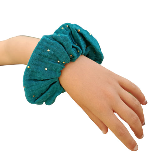 Chouchou gaze de coton turquoise doré