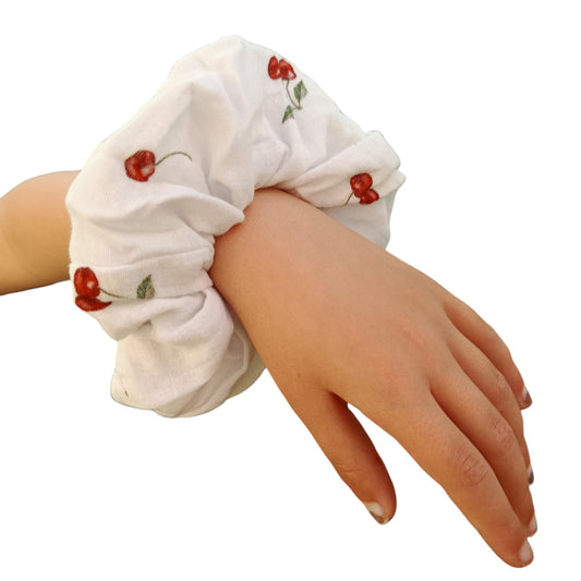 Chouchou gaze de coton cerise blanc