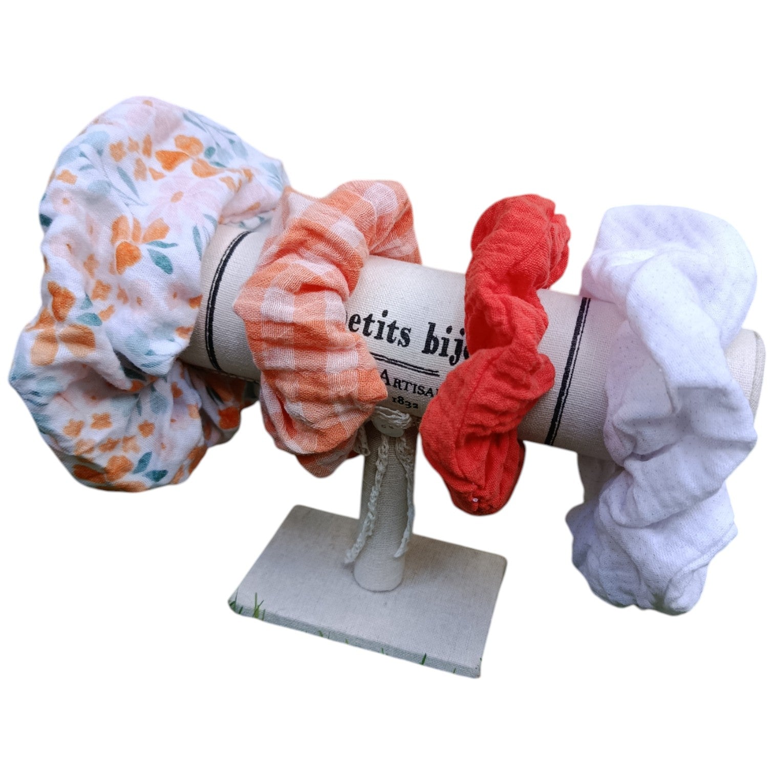 Chouchou gaze de coton orange vichy Les p'tites cousettes d'Ophélie