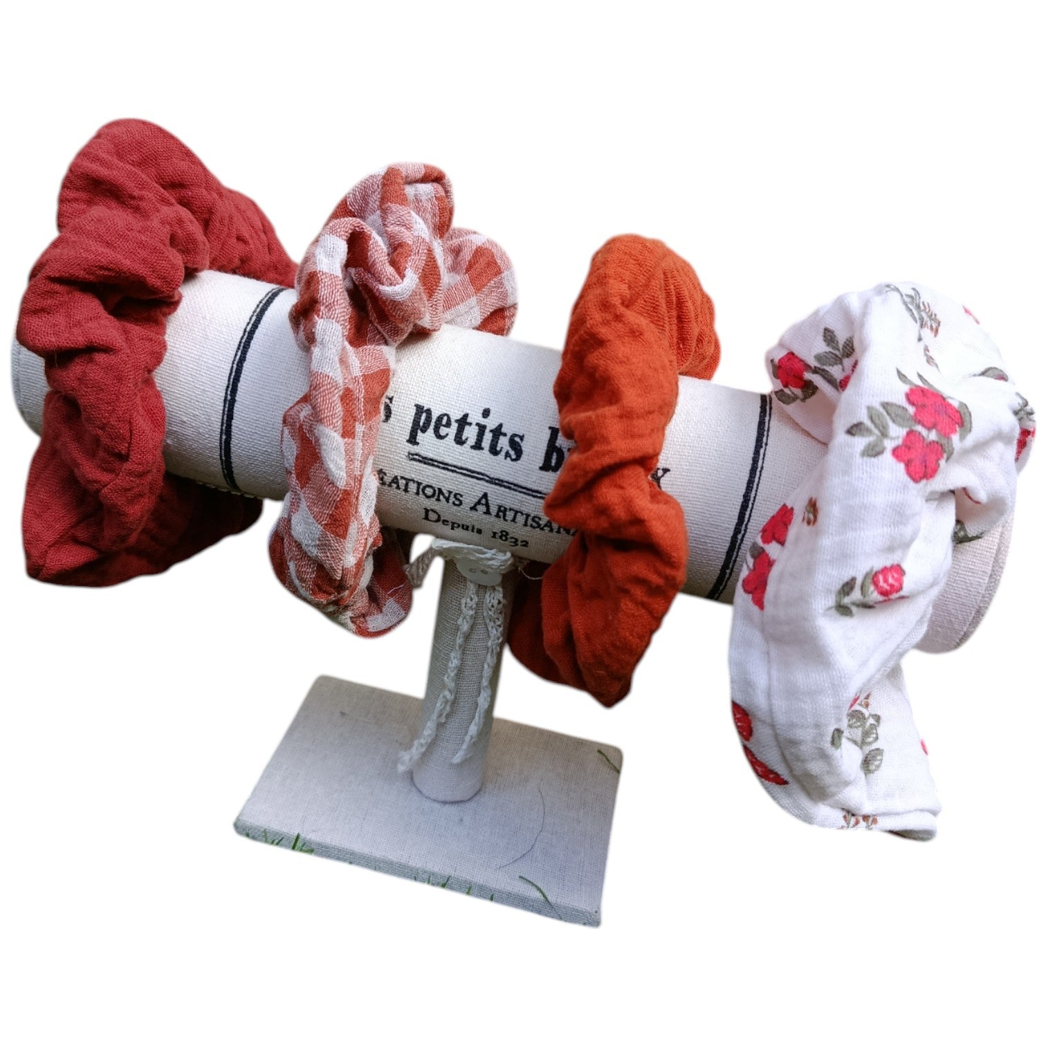 Chouchou gaze de coton fleur rouge Les p'tites cousettes d'Ophélie