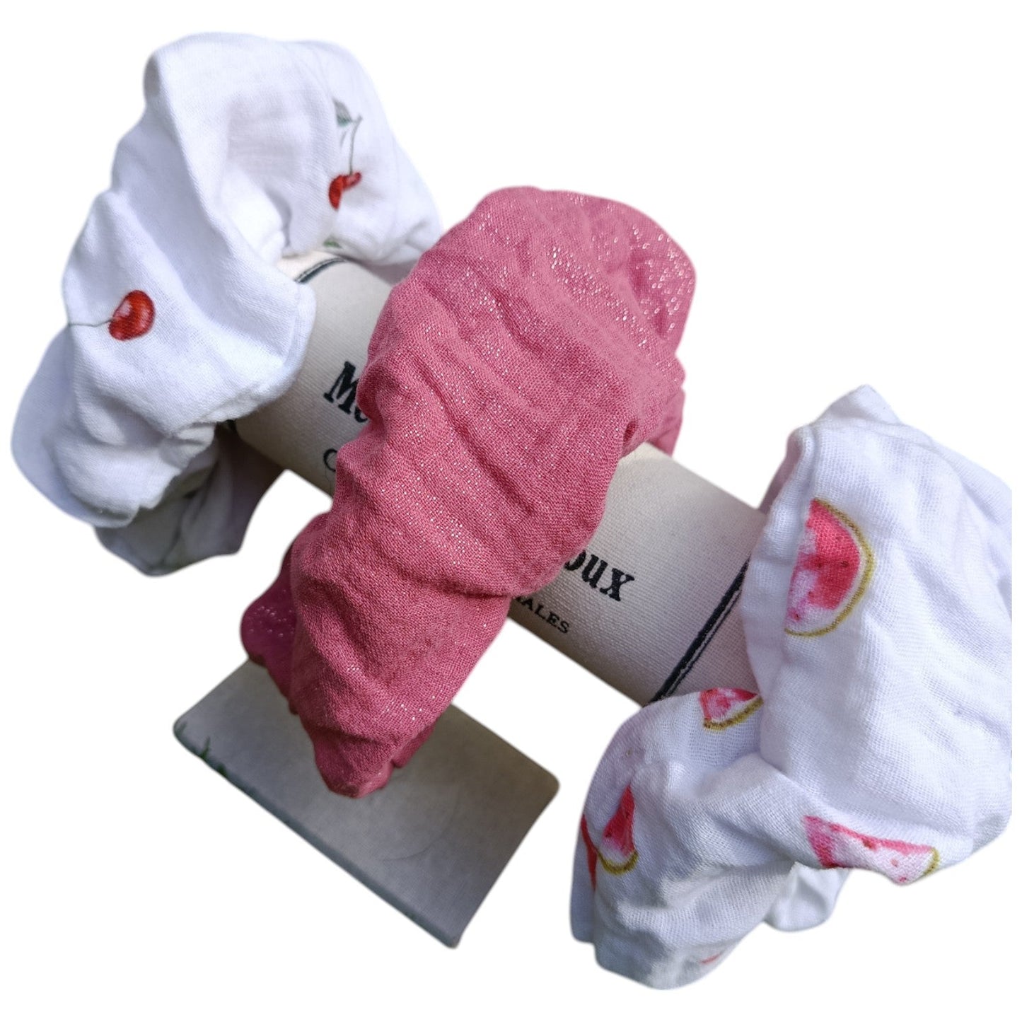 Chouchou gaze de coton cerise blanc Les p'tites cousettes d'Ophélie