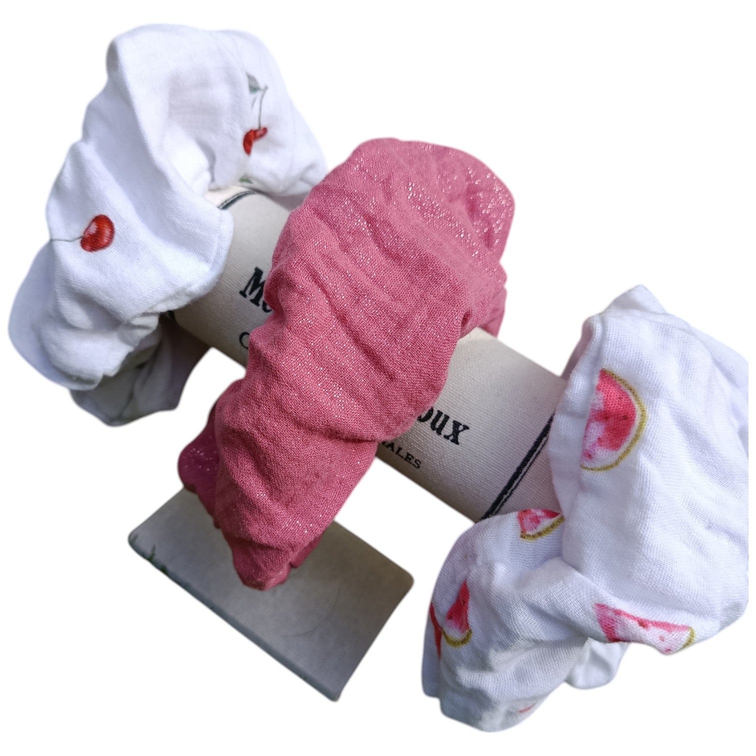 Chouchou gaze de coton cerise blanc Les p'tites cousettes d'Ophélie