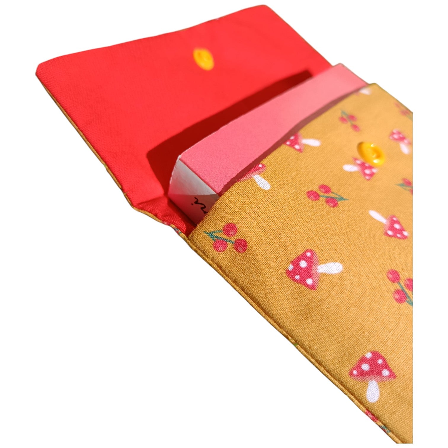 Pochette à livre en tissu champignon nature marron rouge Les p'tites cousettes d'Ophélie