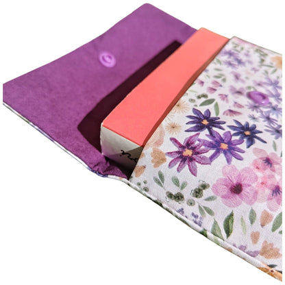 Pochette à livre en tissu fleur jaune violet Les p'tites cousettes d'Ophélie