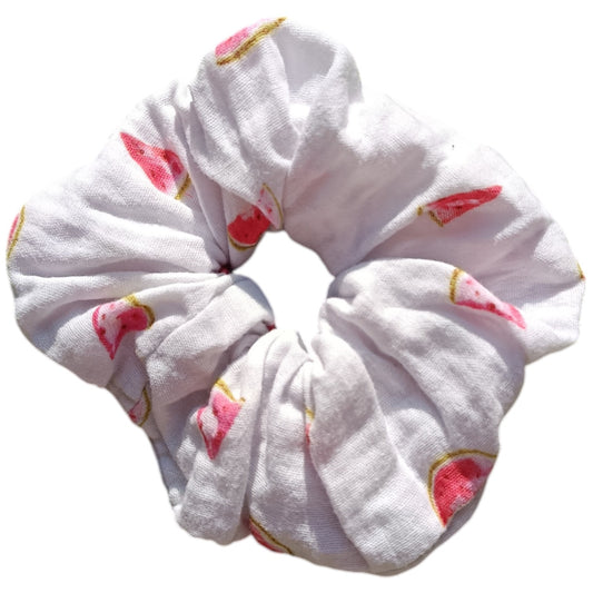 Chouchou gaze de coton blanc pastèque rose