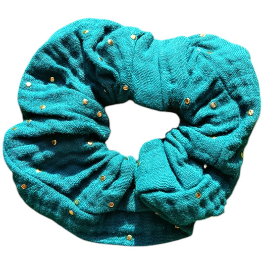 Chouchou gaze de coton turquoise doré