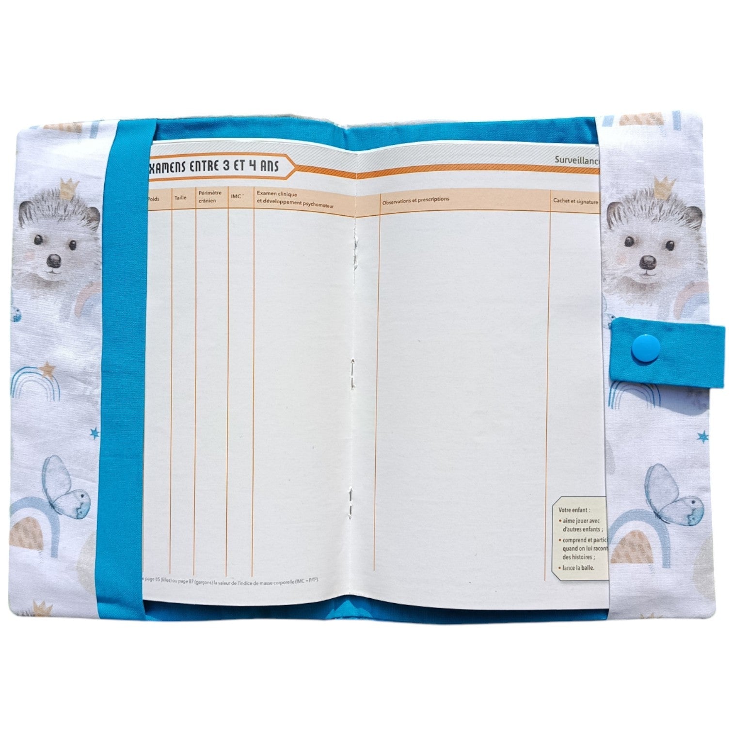 Protège carnet de santé personnalisable Herisson arc-en-ciel bleu Les p'tites cousettes d'Ophélie