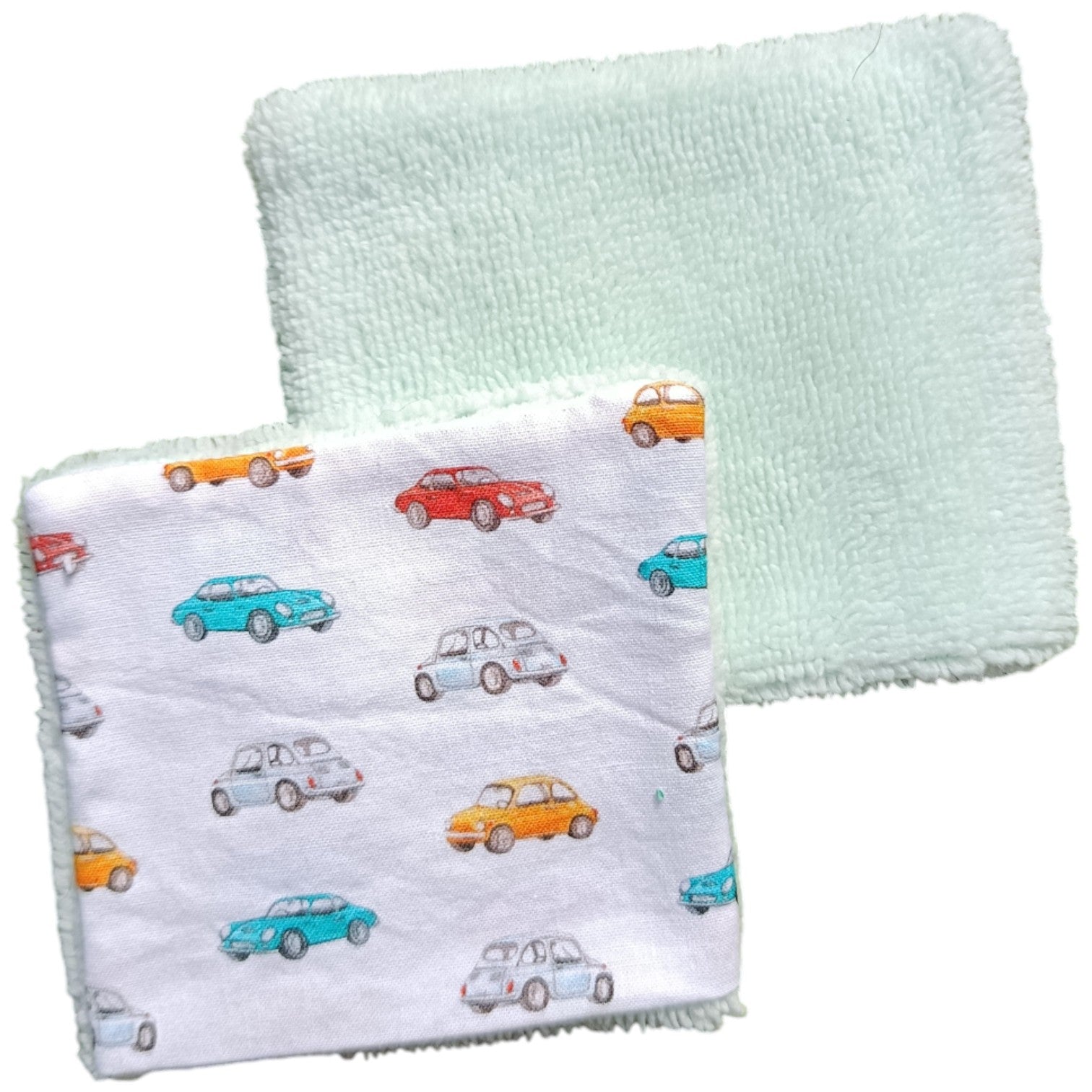 Débarbouillette enfant voiture bleu vert d'eau Les p'tites cousettes d'Ophélie