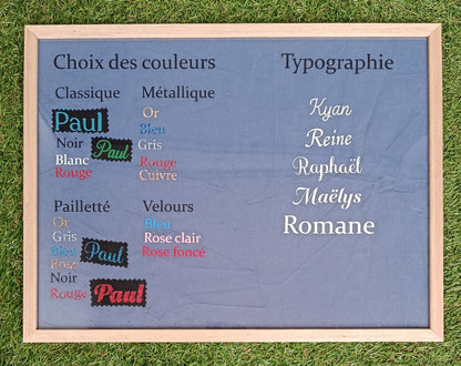 Tableau de personnalisation
Choix de la couleur
Choix de la typographie