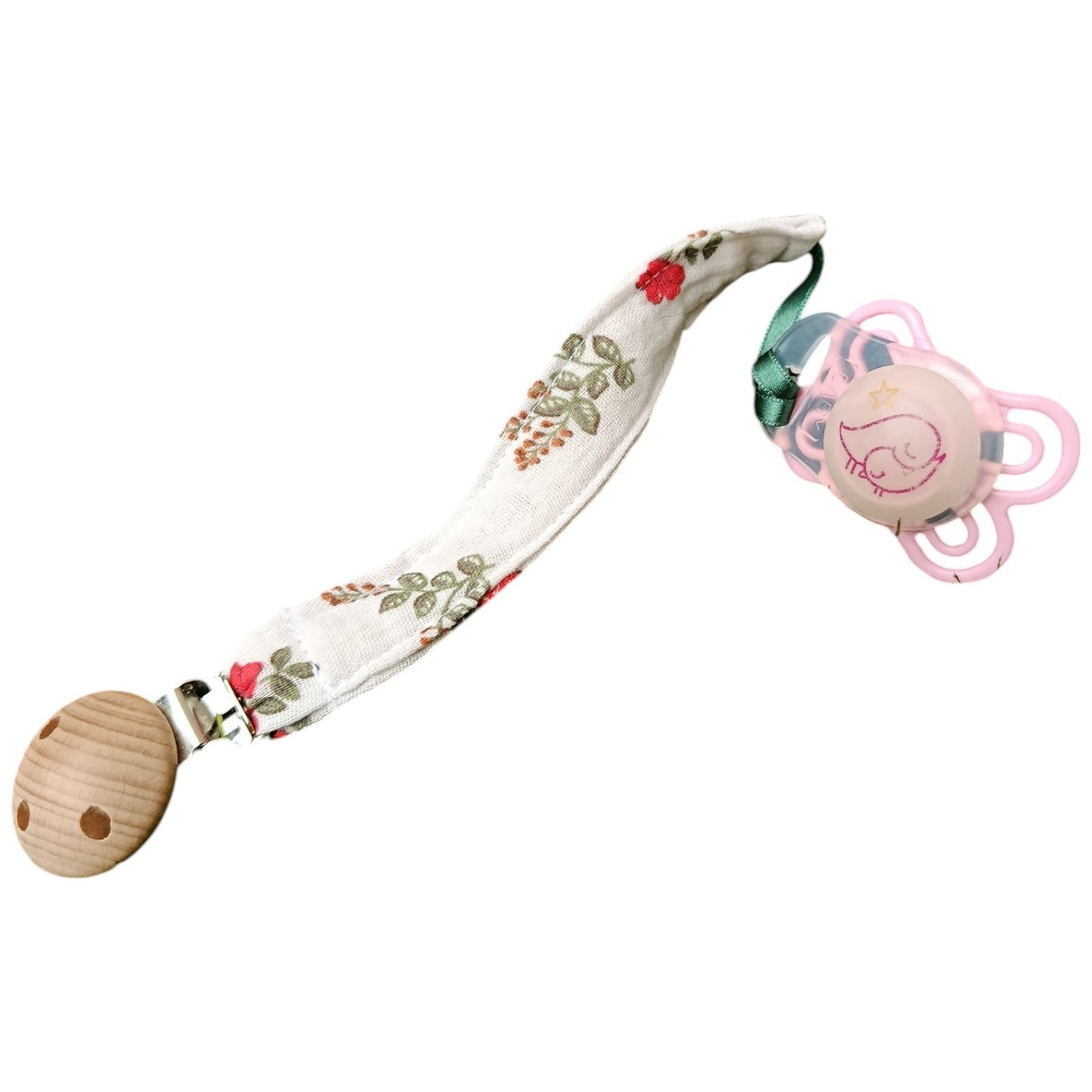 Attache tétine beige fleurs rouge Les p'tites cousettes d'Ophélie