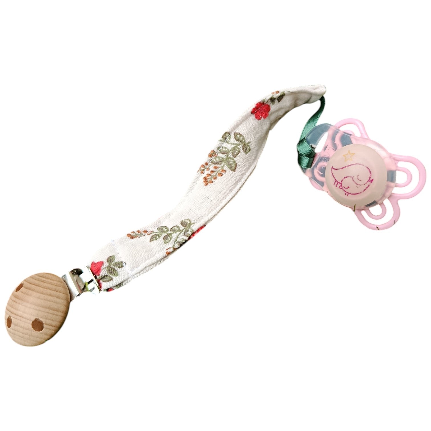 Attache tétine beige fleurs rouge Les p'tites cousettes d'Ophélie